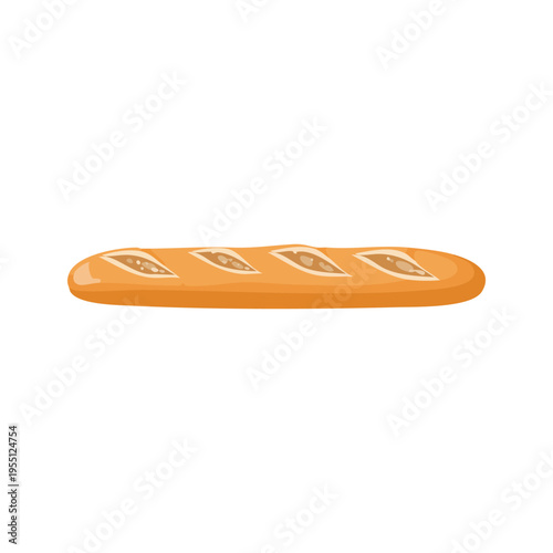 Stylized illustration of a classic French baguette, golden-brown with characteristic slashes, representing fresh bakery goods and essential breakfast items