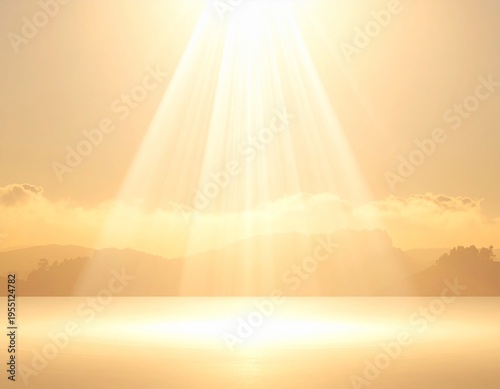 Golden Sunlight Rays Shine Down on Calm Water and Distant Hills at Sunrise