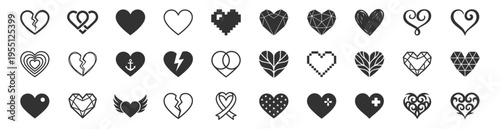 Heart icon set vector collection with various love and romance symbols on transparent background
