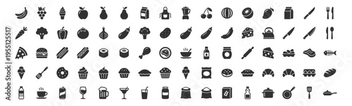 food and kitchen icons set, black solid symbols for fruit, vegetables, fast food, utensils, beverages, bakery, cooking tools on transparent background