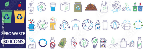 Zero Waste Recycling Line Icons Set Eco Friendly Waste Management Vector Illustration