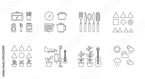 Collection of minimalist line art icons featuring objects shapes and natural elements