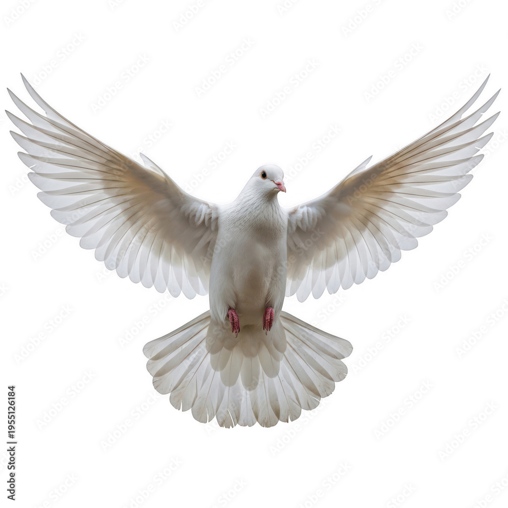 Fototapeta premium Graceful white dove in mid-flight with wings spread wide open isolated on transparent background