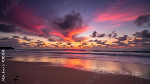 Mesmerizing sunset over the ocean with vibrant colors painting the sky on a sandy beach scene