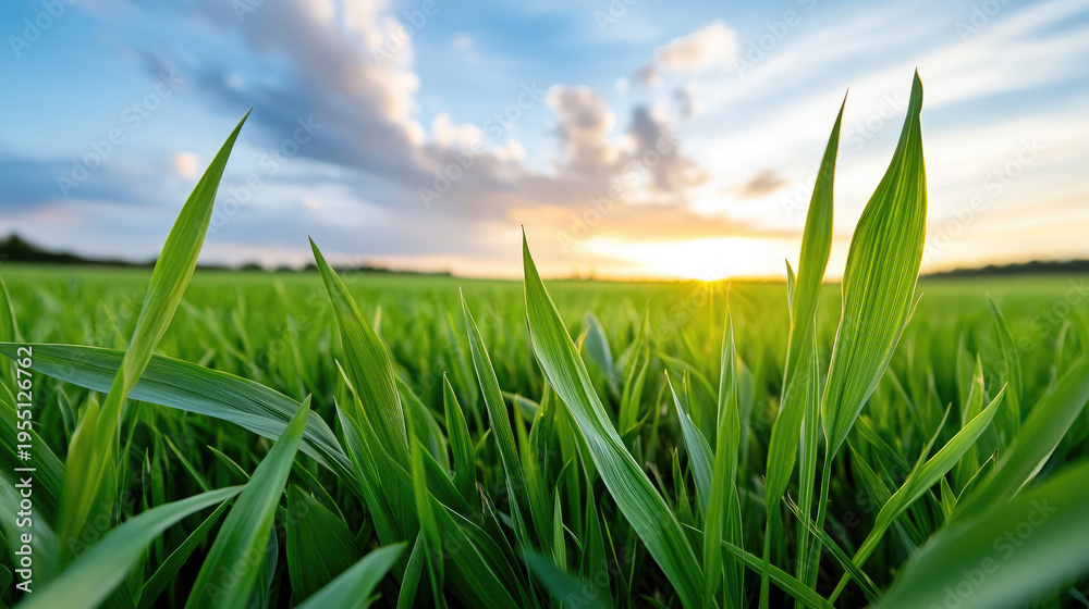 Obraz premium Green grass field thriving under the warm glow of a summer sunset, symbolizing growth, harvest, and the longest day's natural beauty or a peaceful agricultural evening