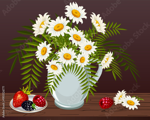 A bouquet of flowers with a fern in a vase.Vector illustration with daisies and ferns in a vase, berries on a saucer on a wooden tabletop.