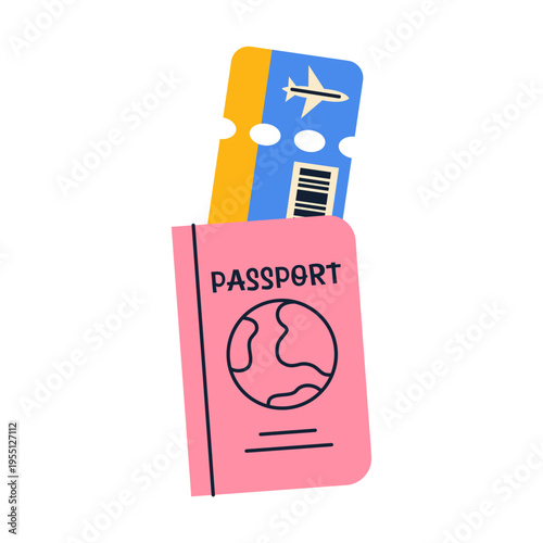 Vector illustration of passport, ID document. Legal pass, book cover with globe emblem and ticket inside. 