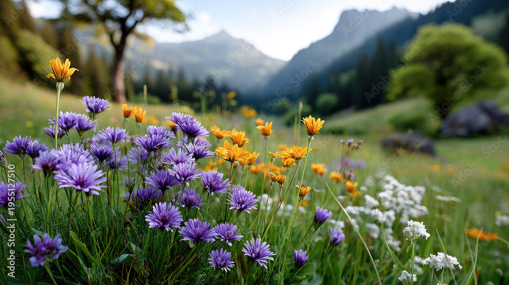 Obraz premium Vibrant wildflowers blooming brightly in a sunlit meadow, capturing the warm essence of summer solstice with golden hour glow, celebrating nature's longest day and abundant life