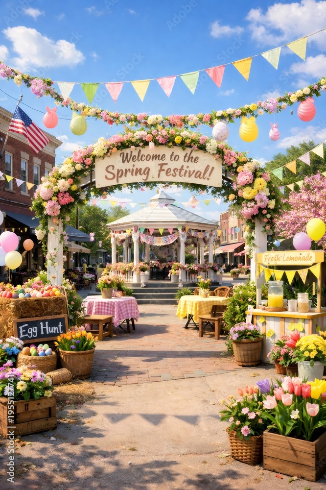 Fototapeta premium Town square dressed for a lively spring festival with a flower covered archway, colorful bunting, gazebo, egg hunt display and lemonade stand radiating cheerful community spirit