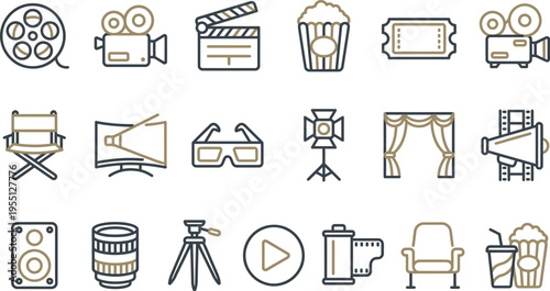 Collection of stylized line art icons representing various cinematic production and entertainment elements
