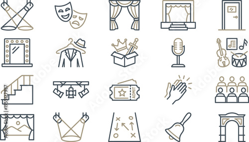 Captivating set of two-tone line icons representing essential theatre, stage, drama, and performance art elements.