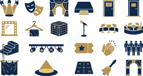 A comprehensive flat icon collection illustrating various elements of theater, performing arts, and events.