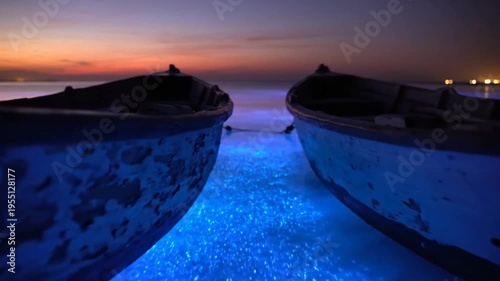 Two weathered boats floating in bioluminescent ocean at sunset, glowing blue, dreamy coastal scene