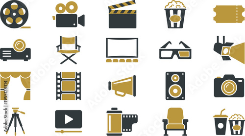 Collection of twenty monochrome and gold icons representing cinema production and movie watching elements