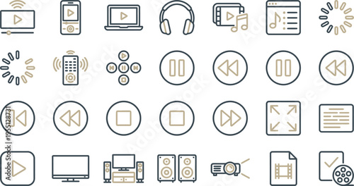Various minimal line icons representing media players, audio devices, video content, and playback controls.