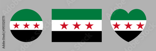 Syria country flags heart shaped, round, rectangular stickers. New circular icon national flag of Syrian Arab republic. Syria flag in circle, rectangle, heart shapes button, badge, banner.