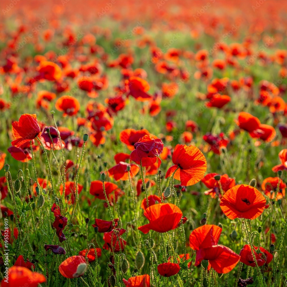Fototapeta premium Vast Field Of Red Poppies Under Bright Sunlight