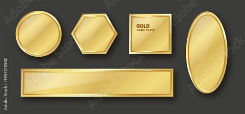 Elegant golden nameplate with polished metal finish. Luxurious frame design perfect for door signs, awards, or premium branding projects with realistic 3D details.