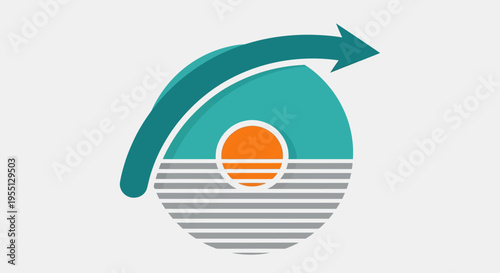 Contemporary Vector Logo Depicting a Stylized Sun Rising Over a Textured Horizon, Enveloped by a Progressive Arc, Illustrating Forward Momentum and Optimism