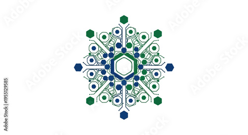 Abstract intricate geometric pattern featuring a central hexagon with radiating green and blue interconnected elements, symbolizing digital symmetry and innovative algorithmic design