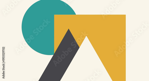 Abstract geometric composition with a minimalist aesthetic, showcasing clean lines and colorful shapes resembling a stylized landscape scene in a modern design concept