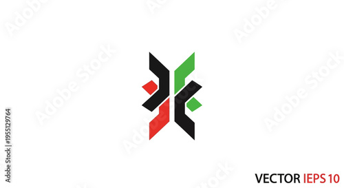 Abstract geometric symbol in red, green, and black on a white background, representing connection and synergy