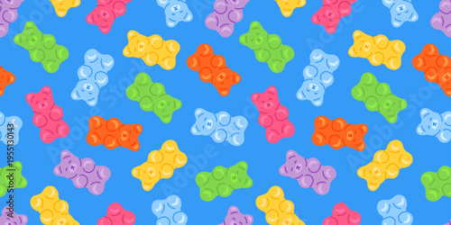 Groovy seamless pattern with multicolored gummy bears scattered across a blue background. Bright candy shapes with a retro vibe, perfect for textiles, wrapping paper, stationery and playful prints.
