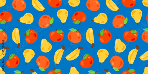 Groovy seamless pattern with apples, pears, bananas and oranges on a blue background. Bright fruit motifs with a retro feel for textiles, wrapping paper, stationery, packaging and trendy prints.