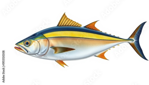 Yellowfin tuna fish lateral view isolated on pure white background marine wildlife concept