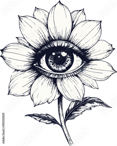 Surrealist Art Concept of a Flower where a Detailed Realistic Human Eye Forms the Botanical Center Surrounded by Delicate Pink Petals and Green Foliage