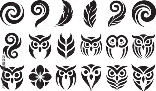 Collection of Black Tribal Style Owl and Nature Icons bundle set