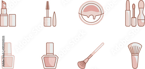Cosmetics icon Rose Gold Makeup Icons Set: Lipstick, Mascara, Brushes, Polish