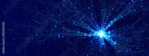Neuro AI Network, Science Research, Abstract Biotech Transformation, Brain Stem Connection Lines Structure, Blue Neon Glowing Neural Pathways Mesh on Dark Blue Background. Vector Illustration