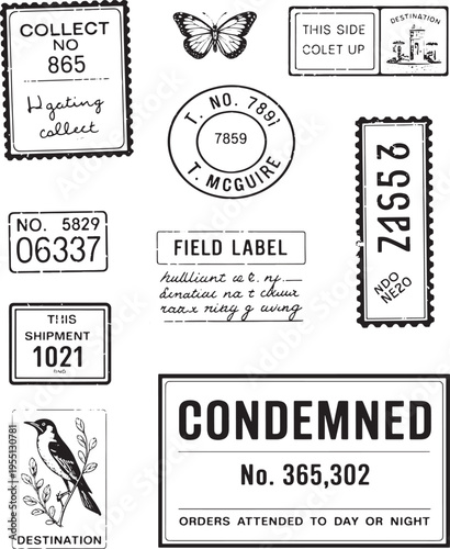 Retro Postal Stamps and Industrial Field Labels Set