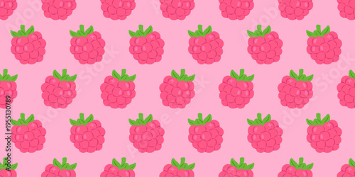 Groovy seamless pattern with repeating raspberries on a pink background. Bright berry motifs with a retro mood for textiles, wrapping paper, stationery, packaging and summer prints.