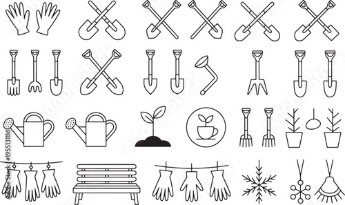 various gardening tools, equipment and related elements Collection line art icons