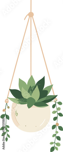 A Minimalist Bohemian Macrame Plant Hanger Handmade with Natural Cotton Rope Holding a Small Green Succulent Plant in a Pot with Neutral Beige Tones