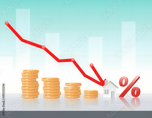 Vector Illustration of a Declining Financial Trend with a Downward Arrow Passing Through a Percentage Symbol Representing Mortgage Rate Cuts Price Drops and Decreasing Market Interest