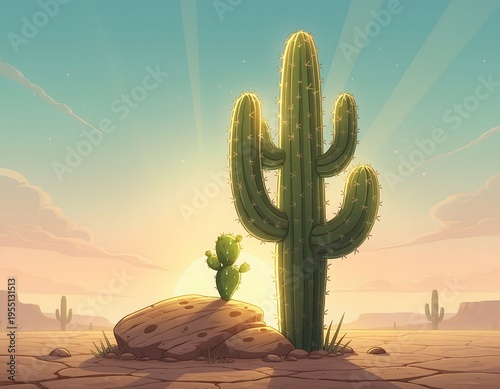 Vector Illustration of a Resilient Green Cactus Growing in Harsh Desert Conditions Representing Strength Growth in Adversity and Personal Development Motivation