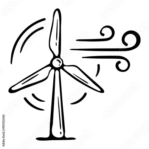 Wind turbine icon for renewable energy. Hand drawn doodle illustration of ecological windmill with spinning blades for sustainable electricity and green power.