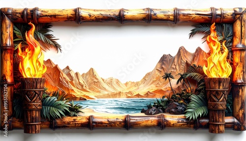 Tropical Island Scene with Tiki Torches and Mountain Backdrop