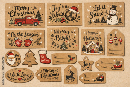 Christmas Kraft Paper Cards and Gift Tags Set Hand Drawn Vector Illustration