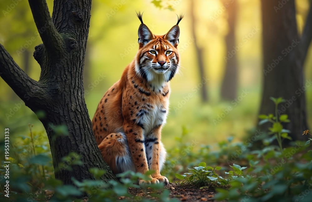 Obraz premium Lynx sits near tree trunk in green spring forest. Spotted cat looks intently ahead. Wild animal rests in dappled sunlight. Fauna in natural habitat outdoors.