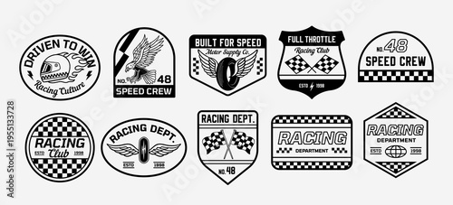 Retro racing badges vector set with motorsport logos, speed crew emblems, checkered flags, helmets, wings, and retro typography. Perfect for apparel, stickers, branding, and prints.	