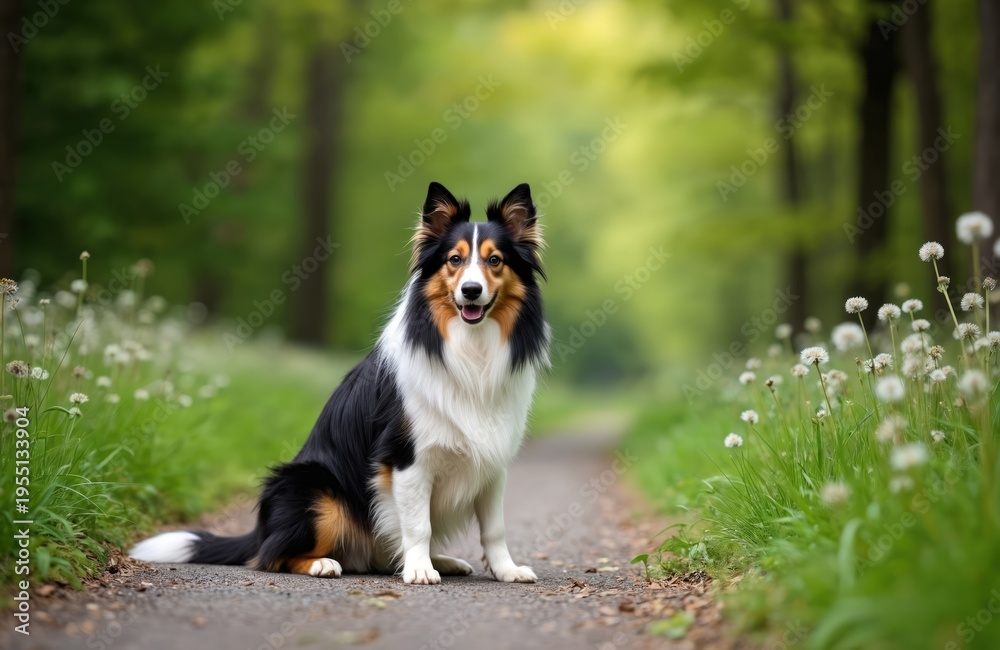 Fototapeta premium Shetland sheepdog sits on dirt path in green forest. Tricolor sheltie dog has black white brown fur. Happy dog looks forward, enjoying nature walk in park.