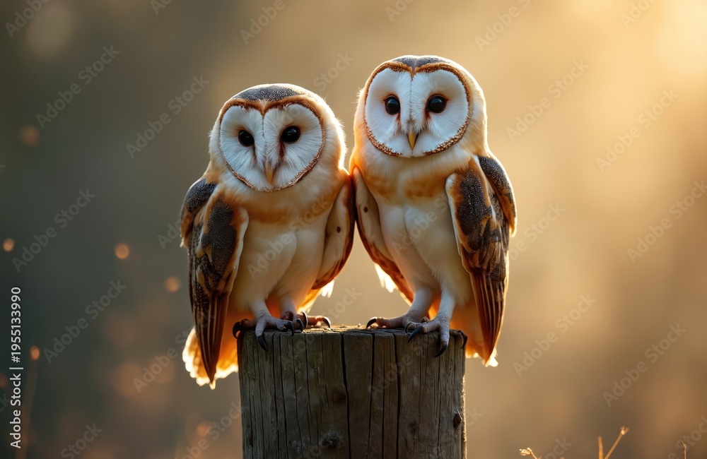 Fototapeta premium Two barn owls sit together on wooden post. White faces, brown speckled feathers stand out against soft, golden background. Birds look towards viewer, appearing alert, calm. Eyes dark, round. Image