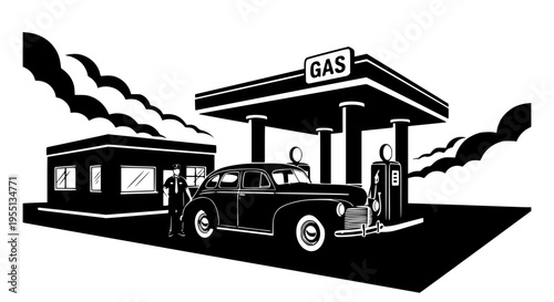 Car gas station in retro style. Classic car with gas station. Flat monochrome vector illustration. File in SVG format.