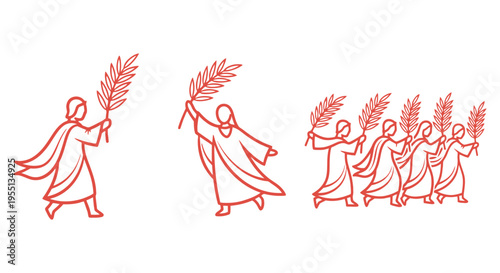 Simple Palm Sunday vector line art icons people with palm branches easter religious sketch graphics church celebration holy week worship scene design asset editable clipart art