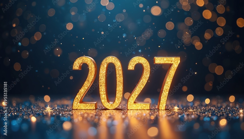Naklejka premium Golden sparkling numbers 2027 appear on dark background with bokeh lights. Celebrate New Year future wishes and start new goals. Party countdown begins.
