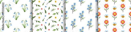 Vector seamless pattern collection with snowdrop flowers, leaves, tiny blossoms, blue wildflowers with cute bumblebees. Playful spring meadow prints set for kids fabric, wallpaper, wrapping paper.